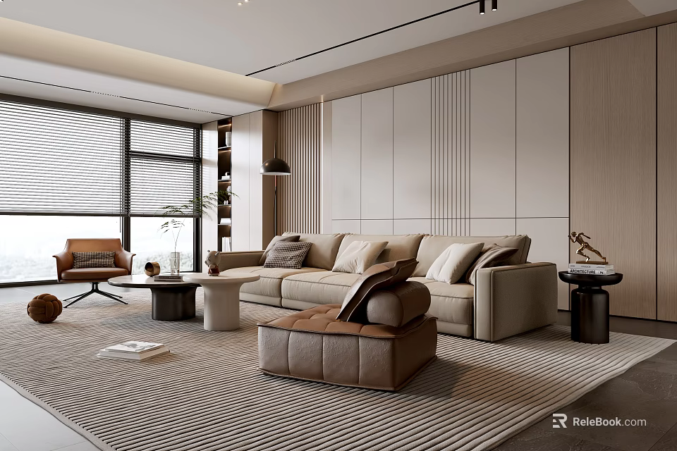 Modern Living Room Interior Featuring Beige Sofa Brown Armchair Striped Rug And Wooden Accent Wall 3d model 