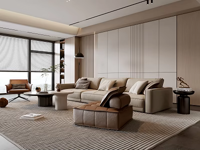 Modern Living Room Interior Featuring Beige Sofa Brown Armchair Striped Rug And Wooden Accent Wall 3d model
