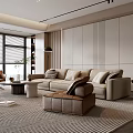 Modern Living Room Interior Featuring Beige Sofa Brown Armchair Striped Rug And Wooden Accent Wall