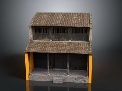 Traditional Two Story Architecture With Tiled Roof Wooden Columns And Front Porch 3d model