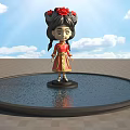 Cute Doll With Black Hair In Braids Red Outfit And Golden Decorations Against Blue Sky