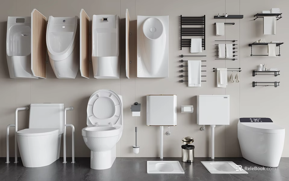 Modern Bathroom Fixtures Display With Toilet Urinal Sink And Bathtub 3d model 