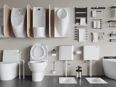 Modern Bathroom Fixtures Display With Toilet Urinal Sink And Bathtub 3d model