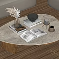 Oval Marble Coffee Table With Open Book Vase And Black Bowl On Wooden Floor