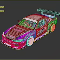 Pink Purple White Racing Car With Yellow Wheels Black Rear Wing And Body Stickers