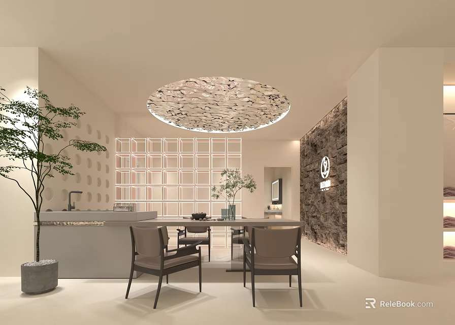 Elegant Mall Store Interior With Circular Ceiling Light Reception Counter Tables Chairs And Green Plant 3d model 
