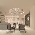 Elegant Mall Store Interior With Circular Ceiling Light Reception Counter Tables Chairs And Green Plant