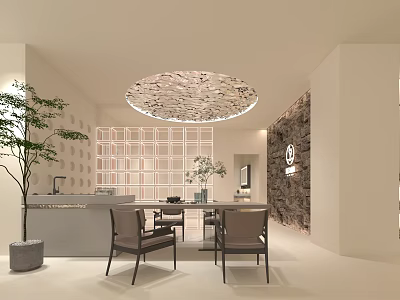 Elegant Mall Store Interior With Circular Ceiling Light Reception Counter Tables Chairs And Green Plant 3d model