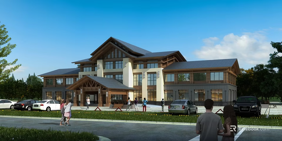 Traditional Modern Office Building With Pitched Roof Wooden Accents Large Windows And Lawn Area 3d model 