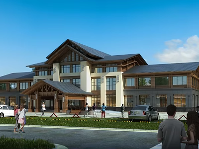 Traditional Modern Office Building With Pitched Roof Wooden Accents Large Windows And Lawn Area 3d model