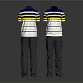 Back View Of Casual Polo Shirts With Blue Yellow White Stripes And Gray Pants