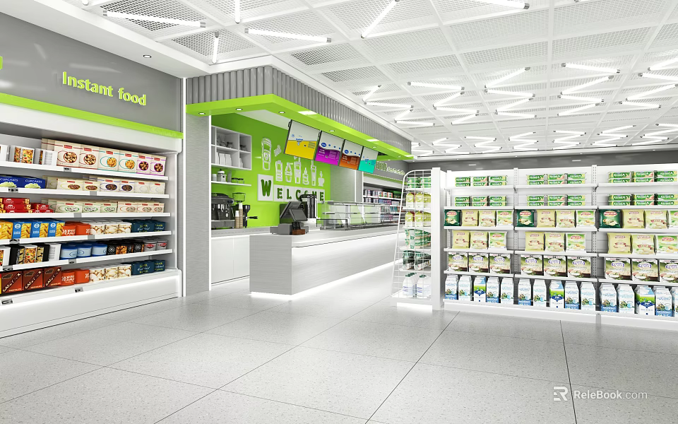 Supermarket Grocery Interior With Instant Food Shelves Bright Lighting And Counter 3d model 