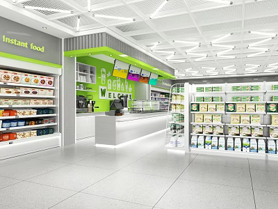 Supermarket Grocery Interior With Instant Food Shelves Bright Lighting And Counter 3d model