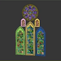 Decorative Casement Window Design With Stained Glass Arched Panels And Gold Frame