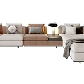 Modern Beige Sectional Sofa With Decorative Pillows Side Table And Throw Blanket 3d model