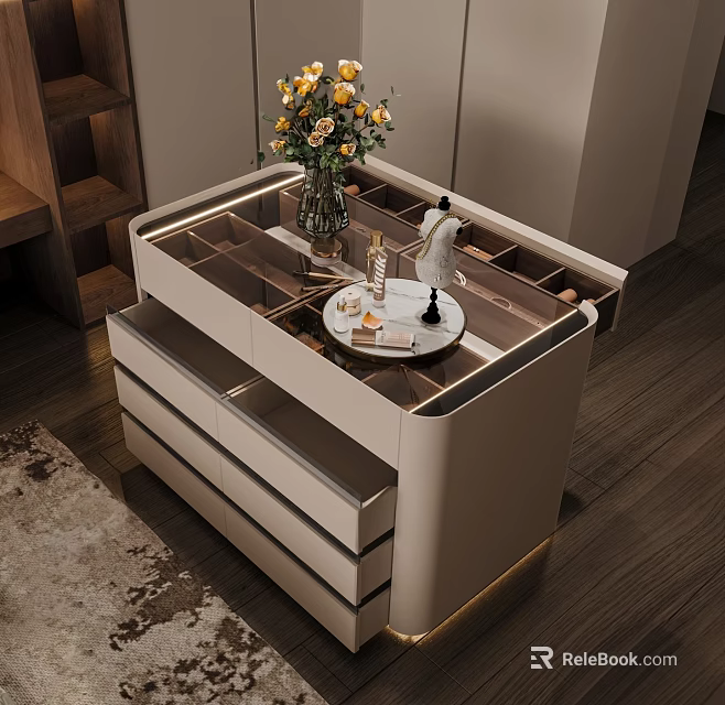 Modern Dressing Table With Glass Top Decorated With Flower Vase And Perfume Drawers For Storage 3d model 