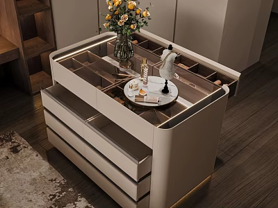 Modern Dressing Table With Glass Top Decorated With Flower Vase And Perfume Drawers For Storage 3d model