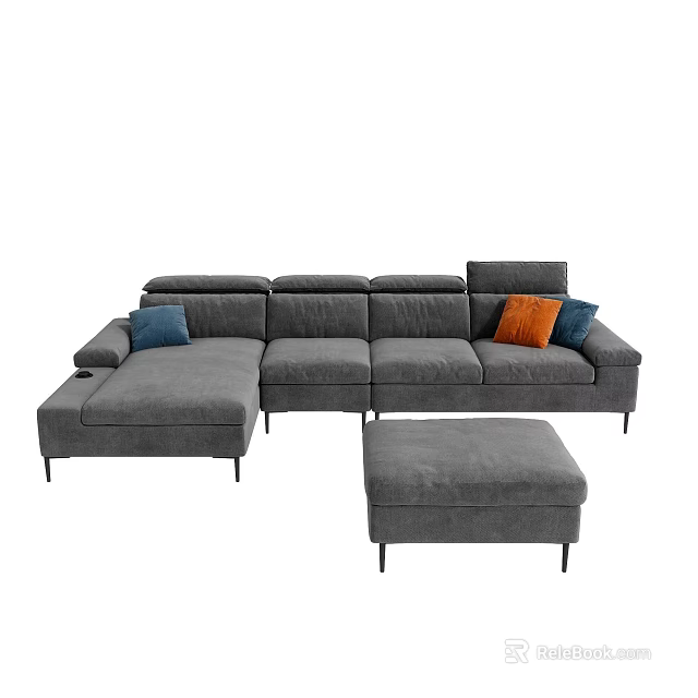 Gray Sectional Sofa Set With Modular Design Ottoman And Colorful Throw Pillows 3d model