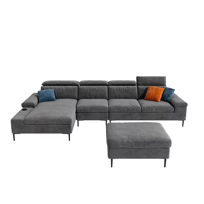 Gray Sectional Sofa Set With Modular Design Ottoman And Colorful Throw Pillows 3d model