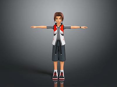 3D Character With Brown Hair Red White Black Vest Dark Shorts Sneakers And Outstretched Arms 3d model