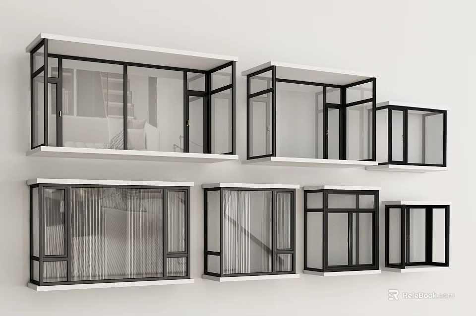Multiple Modern Bay Window Designs With Black Frames And Large Glass Panels 3d model 