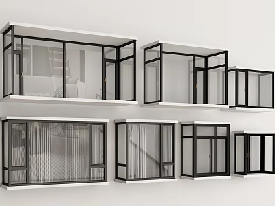 Multiple Modern Bay Window Designs With Black Frames And Large Glass Panels 3d model