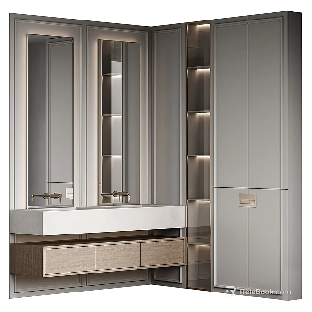 Sleek Modern Bathroom Washbasin With Integrated Mirror Storage Cabinets And Soft Lighting 3d model 