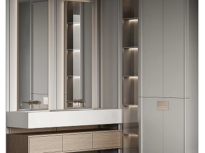 Sleek Modern Bathroom Washbasin With Integrated Mirror Storage Cabinets And Soft Lighting 3d model