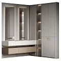 Sleek Modern Bathroom Washbasin With Integrated Mirror Storage Cabinets And Soft Lighting
