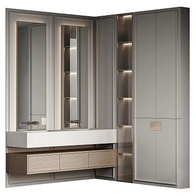 Sleek Modern Bathroom Washbasin With Integrated Mirror Storage Cabinets And Soft Lighting 3d model