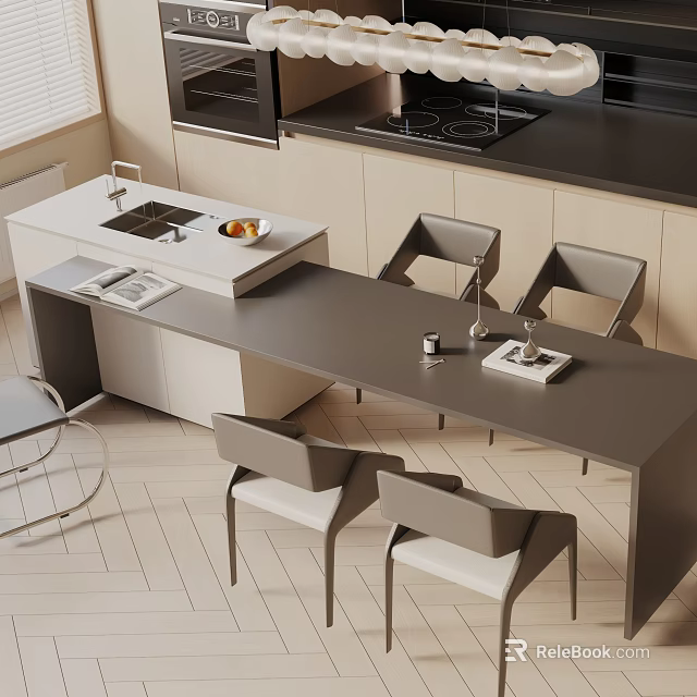 Modern Dining Table Set In Kitchen Interior With Island Countertop And Comfortable Chairs 3d model