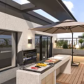 Modern Garden Landscape on Terrace with Umbrella Plants Bench Grill Station and Wooden Flooring