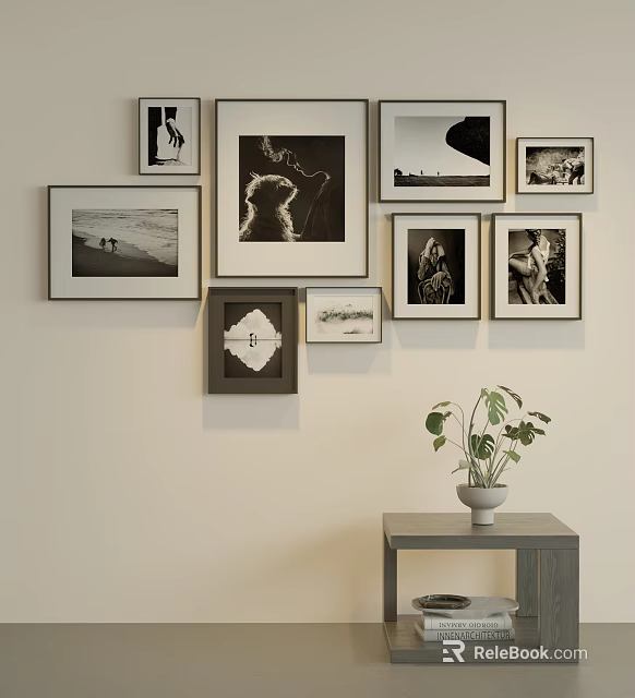Photo Wall with Various Size Frames Black White Photos Arranged Near Table and Potted Plant 3d model 