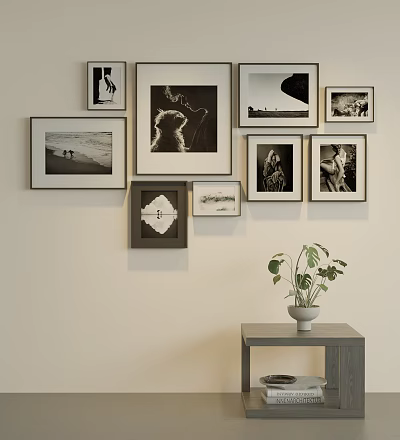 Photo Wall with Various Size Frames Black White Photos Arranged Near Table and Potted Plant 3d model
