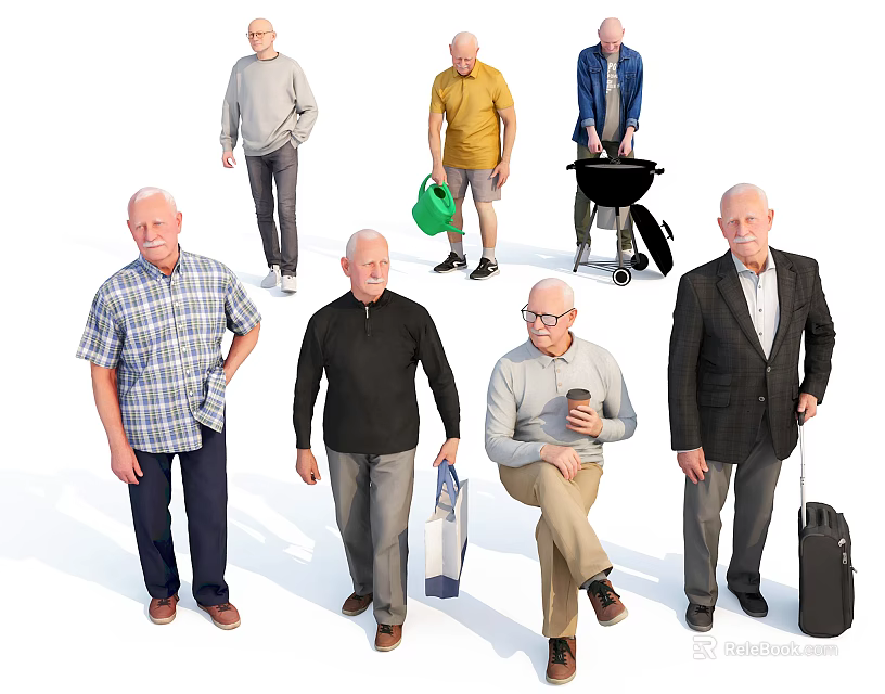 Senior Men In Various Poses Holding Different Items Like Watering Can Luggage And Coffee Cup 3d model 