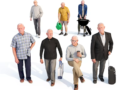 Senior Men In Various Poses Holding Different Items Like Watering Can Luggage And Coffee Cup 3d model