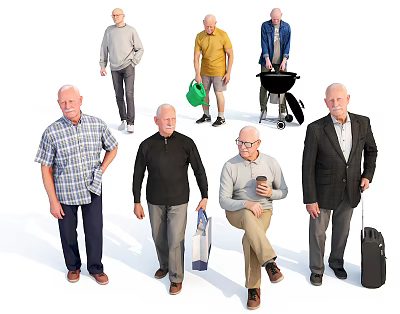 Senior Men In Various Poses Holding Different Items Like Watering Can Luggage And Coffee Cup 3d model