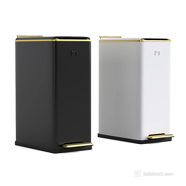 Public Trash Bins In Black And White With Gold Accents And Lids 3d model 
