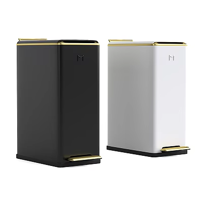 Public Trash Bins In Black And White With Gold Accents And Lids 3d model