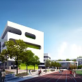 Modern School Building Architecture With Green Lawn Trees And Active Campus Students