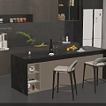 Modern Kitchen Bar Counter With Stools Fruit And Wine Glass Setup 3d model