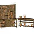 Tall Wooden Decorative Cabinet And Side Shelf Displaying Clay Pots