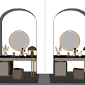 Modern White Dressing Tables With Round Mirrors Table Lamps And Stools In Bright Room