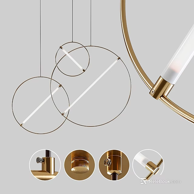 Modern Circular Pendant Lights With Golden Metal Frame And White Light Tubes 3d model 