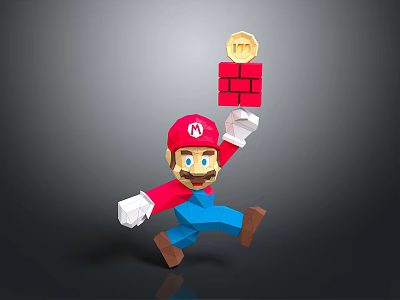 Mario Character In Red Hat Blue Overalls Jumping With Red Brick Block And Gold Coin 3d model