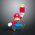 Mario Character In Red Hat Blue Overalls Jumping With Red Brick Block And Gold Coin