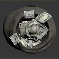 Linen Sack Filled With US Dollar Bills And Printed Dollar Sign On Surface