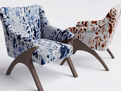 Stylish Patterned Accent Chairs with Blue White Brown Textures and Wooden Arms Legs 3d model