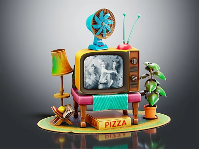 Colorful Cartoon Scene Featuring Vintage TV Fan Lamp Plant And Pizza Box 3d model