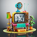 Colorful Cartoon Scene Featuring Vintage TV Fan Lamp Plant And Pizza Box